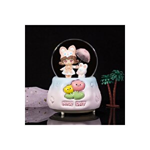 Tavşan Ve Kız Orta Boy Kar Küresi Işıklı, Müzikli, Pembe, 12x8 Pembe