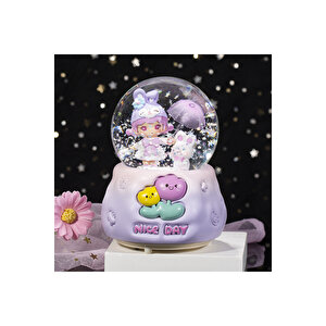 Tavşan Ve Kız Orta Boy Kar Küresi Işıklı, Müzikli, Mor, 12x8 Mor