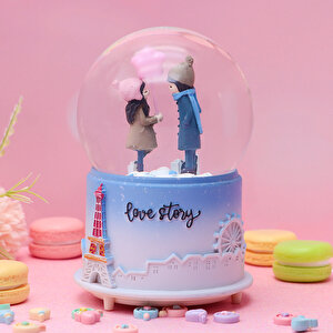 Sevgililer Orta Boy Kar Küresi Işıklı, Müzikli, Mavi, 12x8 Mavi