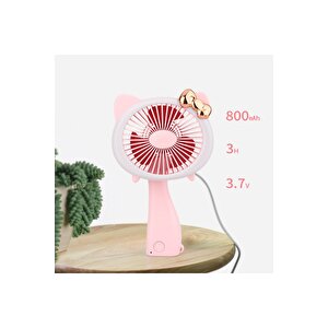 Kedili Portatif Mini Fan, 3 Kademeli, Usb Li Ve Şarj Edilebilir, Pembe, 17x11 Pembe