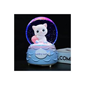 Sevimli Kedi Orta Boy Kar Küresi Işıklı, Müzikli, Mavi, 12x8 Mavi