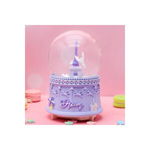 Eyfel Orta Boy Kar Küresi Işıklı, Müzikli, Mor, 12x8 Mor