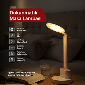 Dokunmatik 3 Renkli Kademesiz Karartmalı Type C Şarjlı Masa Lambası Kalemlikli 10w Beyaz Led