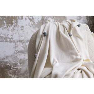 Aksu Ponponlu Pike Battaniye 150x200 Krem Krem