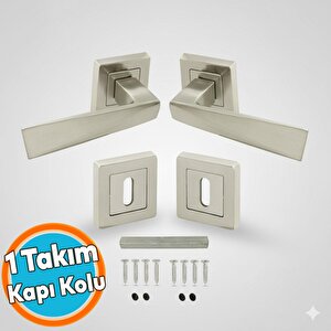 Kare Rozetli Nikel İnox Oda Kapı Kolu (1 Takim: 2 Adet Kol + 2 Adet Rozet + Bağlantı Demiri)