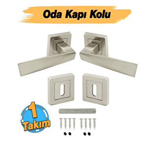 Kare Rozetli Nikel İnox Oda Kapı Kolu (1 Takim: 2 Adet Kol + 2 Adet Rozet + Bağlantı Demiri)
