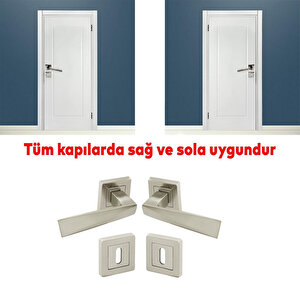 Kare Rozetli Nikel İnox Oda Kapı Kolu (1 Takim: 2 Adet Kol + 2 Adet Rozet + Bağlantı Demiri)