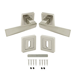 Kare Rozetli Nikel İnox Oda Kapı Kolu (1 Takim: 2 Adet Kol + 2 Adet Rozet + Bağlantı Demiri)