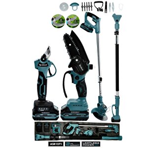 Profesyonel 4'lü Set 21v Teleskopik Bağ Makası & Çim Biçme Makinesi & Budama Testeresi