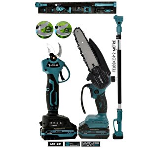 Profesyonel 3'lü Set 21v Çift Akülü Teleskopik Kollu Bağ Makası & Budama Testeresi