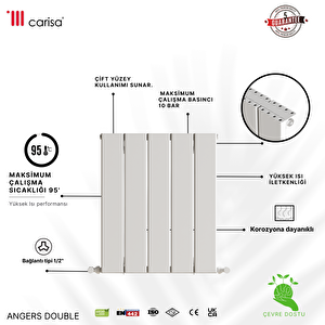 Angers Double Yakıt Tasarruflu Premium Malzeme Alüminyum Radyatör 60x169,5cm Kumlu Beyaz