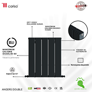 Angers Double Yakıt Tasarruflu Premium Malzeme Alüminyum Radyatör 60x69,5cm Kumlu Siyah