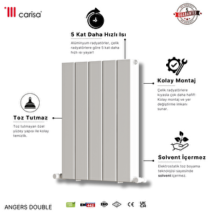 Angers Double Yakıt Tasarruflu Premium Malzeme Alüminyum Radyatör 60x69,5cm Kumlu Beyaz