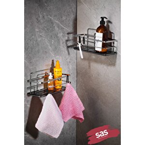 2’li Yapışkanlı Ayarlanabilir Banyo Rafı, Paslanmaz Kristal Şampuanlık, (yapıştır/vidala) Krom-siyah - Lş-01 -ks