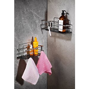 2’li Yapışkanlı Ayarlanabilir Banyo Rafı, Paslanmaz Kristal Şampuanlık, (yapıştır/vidala) Krom-siyah - Lş-01 -ks