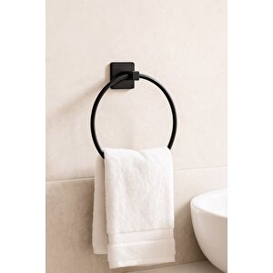 Siyah Yuvarlak Halka Havlu Askılığı – Kare Topuzlu, Vidalı Metal Banyo Askısı, Dayanıklı & Şık - (s-102) - Kts