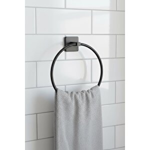 Siyah Yuvarlak Halka Havlu Askılığı – Kare Topuzlu, Vidalı Metal Banyo Askısı, Dayanıklı & Şık - (s-102) - Kts