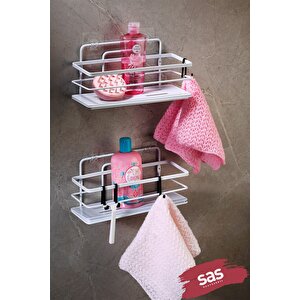 2’li Beyaz Yapışkanlı Ayarlanabilir Banyo Rafı, Paslanmaz Kristal Şampuanlık, (yapıştır/vidala) Lş-01 - Bb