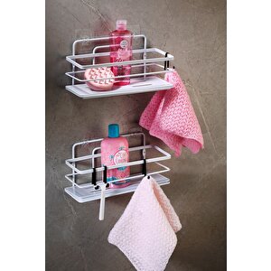 2’li Beyaz Yapışkanlı Ayarlanabilir Banyo Rafı, Paslanmaz Kristal Şampuanlık, (yapıştır/vidala) Lş-01 - Bb
