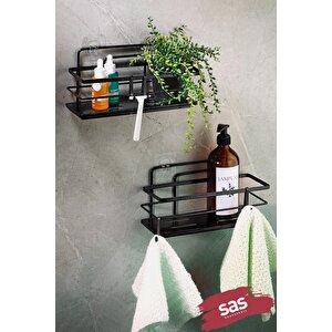 2’li Siyah Yapışkanlı Ayarlanabilir Banyo Rafı, Paslanmaz Kristal Şampuanlık (yapıştır/vidala) Lş-01 - Ss