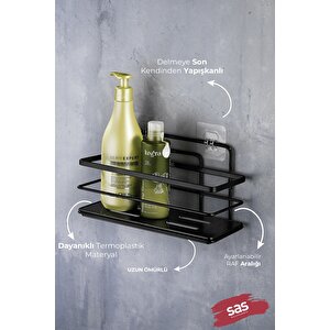 2’li Siyah Yapışkanlı Ayarlanabilir Banyo Rafı, Paslanmaz Kristal Şampuanlık (yapıştır/vidala) Lş-01 - Ss