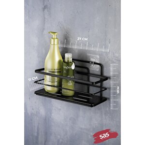 2’li Siyah Yapışkanlı Ayarlanabilir Banyo Rafı, Paslanmaz Kristal Şampuanlık (yapıştır/vidala) Lş-01 - Ss