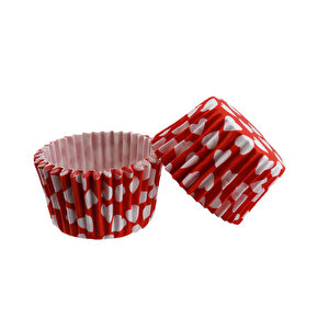 Cupcake Kalıbı Pet Kapsül  Kek Kalıbı 48x34 Mm (100 Adet)  Kırmızıya Beyaz Kalp Desenli