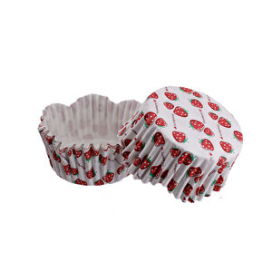 Cupcake Kalıbı Pet Kapsül Dalgalı Kek Kalıbı 65x38 Mm (100 Adet)  Beyaza Sık Çilek Desenli
