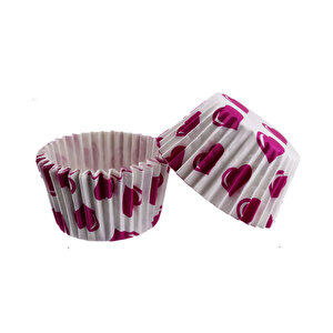 Cupcake Kalıbı Pet Kapsül  Kek Kalıbı 48x34 Mm (100 Adet)  Beyaza Fuşya Kalpli