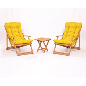 Simona Grand Şezlong 2+1 Ahşap Bahçe Balkon Teras Mobilyası Katlanır Set - Sarı Minder
