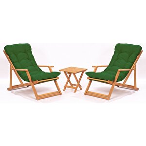 Simona Grand Şezlong 2+1 Ahşap Bahçe Balkon Teras Katlanır Set Yeşil Minder