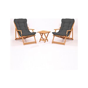 Simona Grand Şezlong 2+1 Ahşap Bahçe Balkon Teras Katlanır Set Antrasit Minder Antrasit