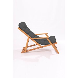 Meya Dekor Simona Grand Şezlong 2+1 Ahşap Bahçe Balkon Teras Katlanır Set Antrasit Minder Antrasit
