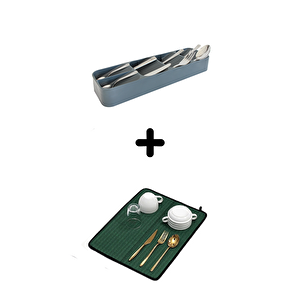 5'li Çekmece İçi Kaşıklık + Bulaşık Kurutma Matı 2'li Mutfak Seti, Yeşil Yeşil