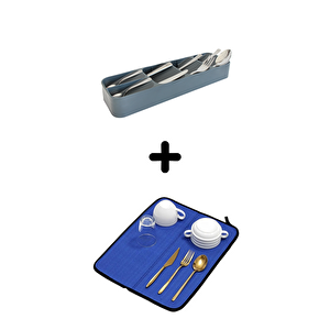 5'li Çekmece İçi Kaşıklık + Bulaşık Kurutma Matı 2'li Mutfak Seti, Mavi Mavi