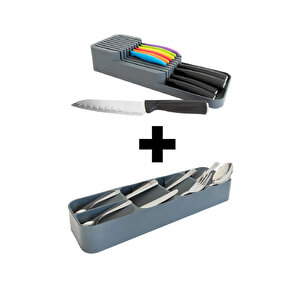 2 Sıralı Bıçaklık + 9 Bölmeli Çekmece Içi Kaşıklık 2' Li Düzenleyici Set, Gri Gri