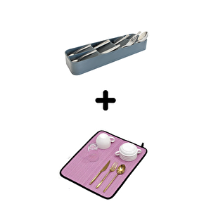 5'li Çekmece İçi Kaşıklık + Bulaşık Kurutma Matı 2'li Mutfak Seti, Pembe Pembe