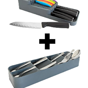 2 Sıralı Bıçaklık + 9 Bölmeli Çekmece Içi Kaşıklık 2' Li Düzenleyici Set, Antrasit Antrasit