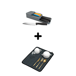 2 Sıra Bıçaklık + Bulaşık Kurutma Matı 2'li Mutfak Seti, Siyah Siyah