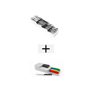 2 Sıralı Bıçaklık + 9 Bölmeli Çekmece Içi Kaşıklık 2' Li Düzenleyici Set, Beyaz Beyaz