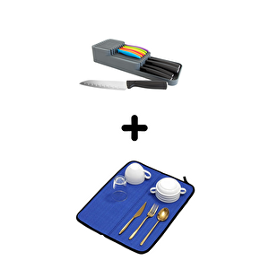 2 Sıra Bıçaklık + Bulaşık Kurutma Matı 2'li Mutfak Seti, Mavi Mavi