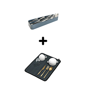 5'li Çekmece İçi Kaşıklık + Bulaşık Kurutma Matı 2'li Mutfak Seti, Siyah Siyah