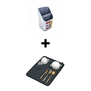 Tezgah Üstü Kaşıklık + Bulaşık Kurutma Matı 2'li Mutfak Seti, Siyah Siyah