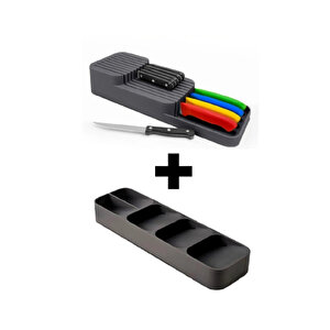 2 Sıralı Bıçaklık + 9 Bölmeli Çekmece Içi Kaşıklık 2' Li Düzenleyici Set, Siyah Siyah