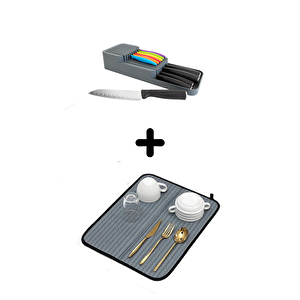 2 Sıra Bıçaklık + Bulaşık Kurutma Matı 2'li Mutfak Seti, Gri Gri