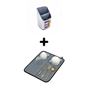 Tezgah Üstü Kaşıklık + Bulaşık Kurutma Matı 2'li Mutfak Seti, Gri Gri