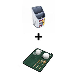 2 Sıra Bıçaklık + Bulaşık Kurutma Matı 2'li Mutfak Seti, Yeşil Yeşil