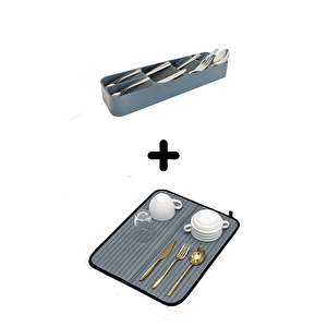 5'li Çekmece İçi Kaşıklık + Bulaşık Kurutma Matı 2'li Mutfak Seti, Gri Gri