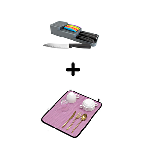 2 Sıra Bıçaklık + Bulaşık Kurutma Matı 2'li Mutfak Seti, Pembe Pembe