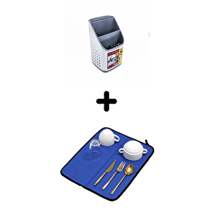 Tezgah Üstü Kaşıklık + Bulaşık Kurutma Matı 2'li Mutfak Seti, Mavi Mavi